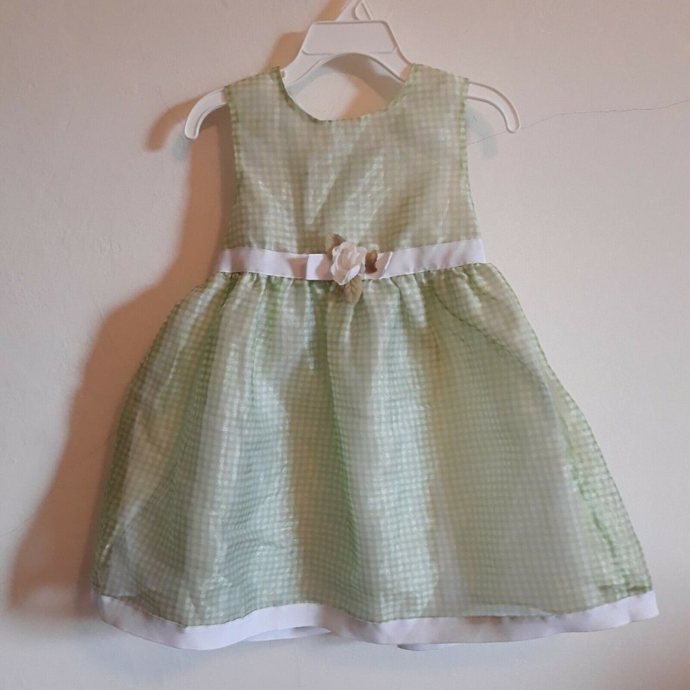 WonderKids Toddler Girl 3T Party Dress Fully Lined Green White Checkered Ribbon